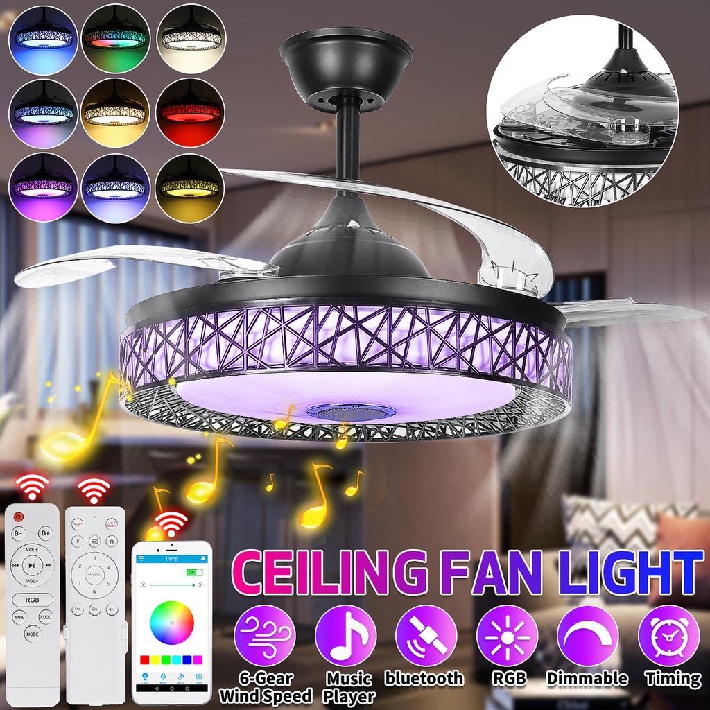 Led Invisible Blck Ceiling Fans Light 42" Retractable Blade Bluetooth Modern Folding Fan Lamp APP Remote Control Hanging Light