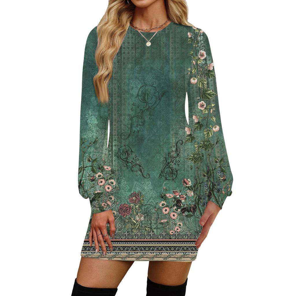 Damenmode Lässiges Rundhals Langarmkleid