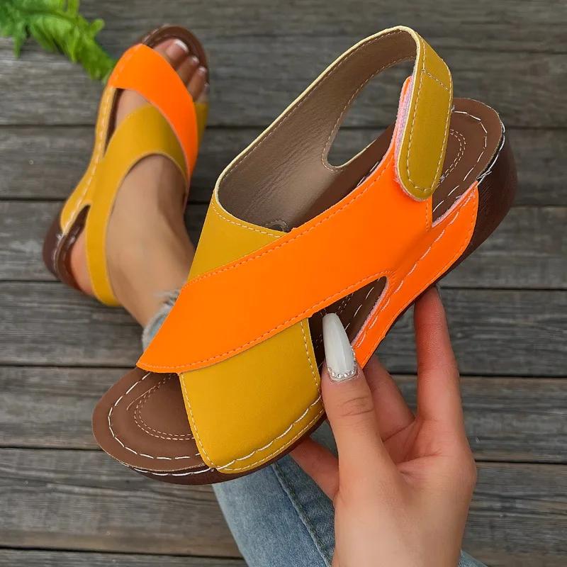 Fashion Women Wedge Sandals 2025 New Summer Mix Color Non Slip Beach Shoes Woman Outdoor Leather Platform Roman Sandals Zapatos De Mujer