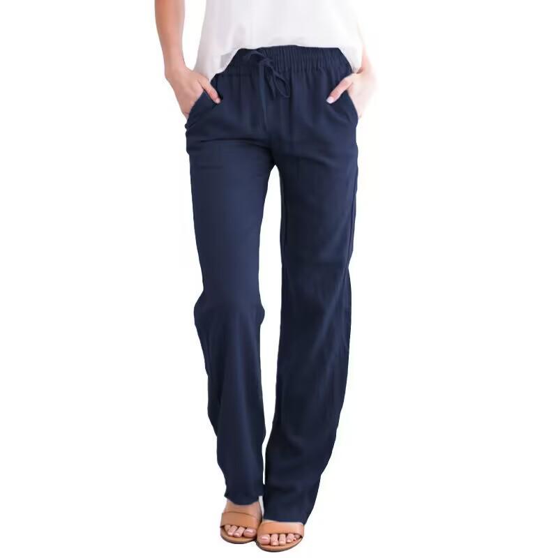 2026 Spring/Summer Women's Solid Color Cotton Linen Drawstring Wide-Leg Casual Pants
