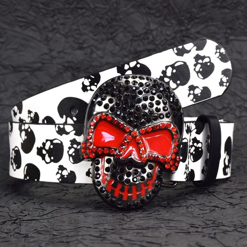 

Punk-Style Skull Print Belt Pants Decors Goth Style Belt Casual Wear Pu Leather Halloween Skeleton Waistband as the picture