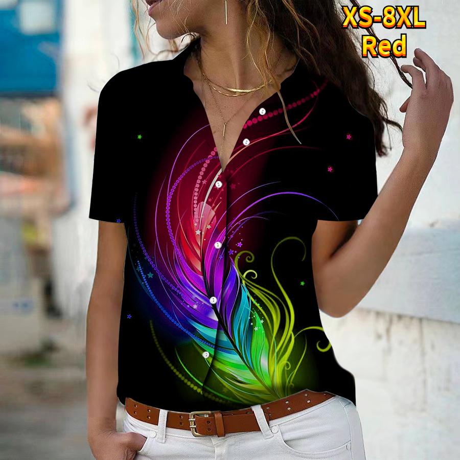 

Лето 2025 Новая Мода Женская Повседневная Рубашка Топ с Коротким Рукавом и V-образным Вырезом на Пуговицах с Принтом Перьев 4XL красный