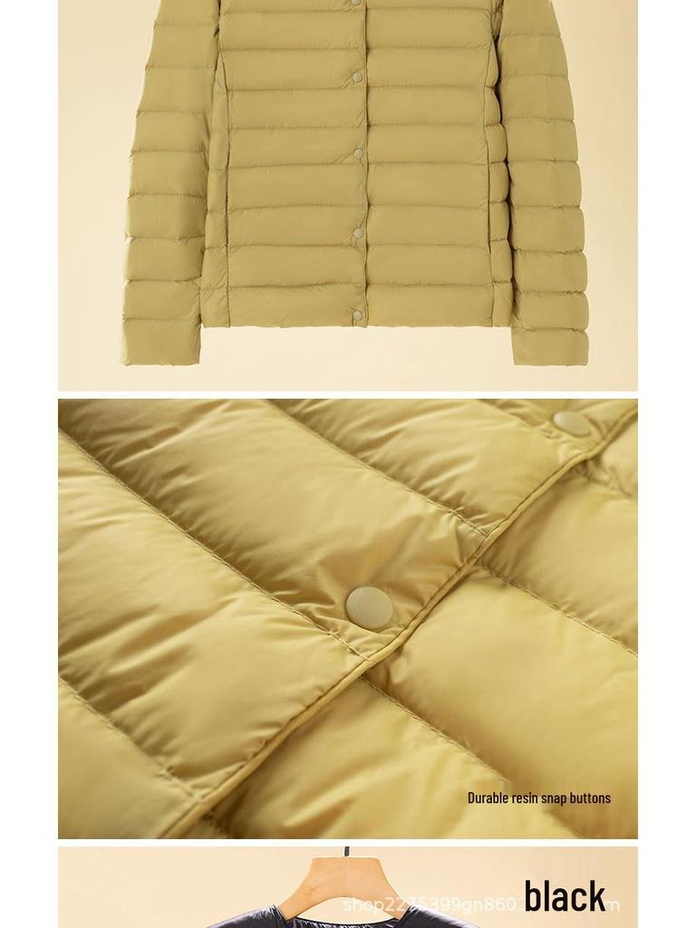 2024 Women's Lightweight Down Jacket, Short, Round V-Neck, Warm, Collarless, Slim Fit, Plus Size, Autumn/Winter Coat