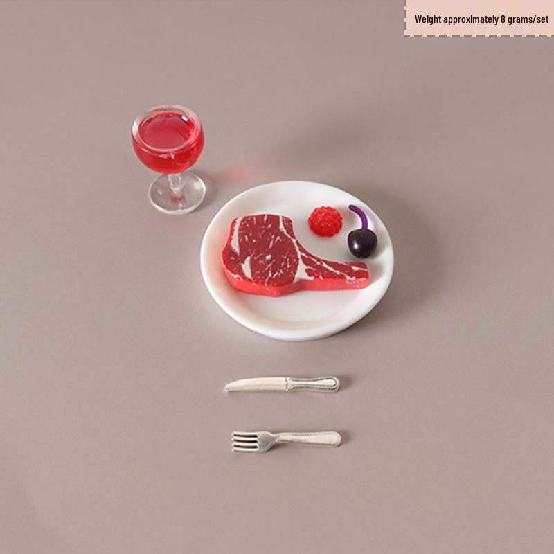 Miniature Dollhouse Dining Set: Red Wine Glasses, Steak, Pasta, and Western Food Display Props
