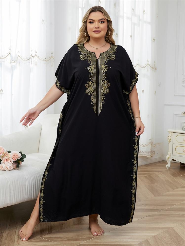 EDOLYNSA Gold besticktes Damen-Kaftan-Gewand in Schwarz, lockerer Schnitt, Strandmode, Badeanzug, Homewear, böhmisches Strandkleid Q1656