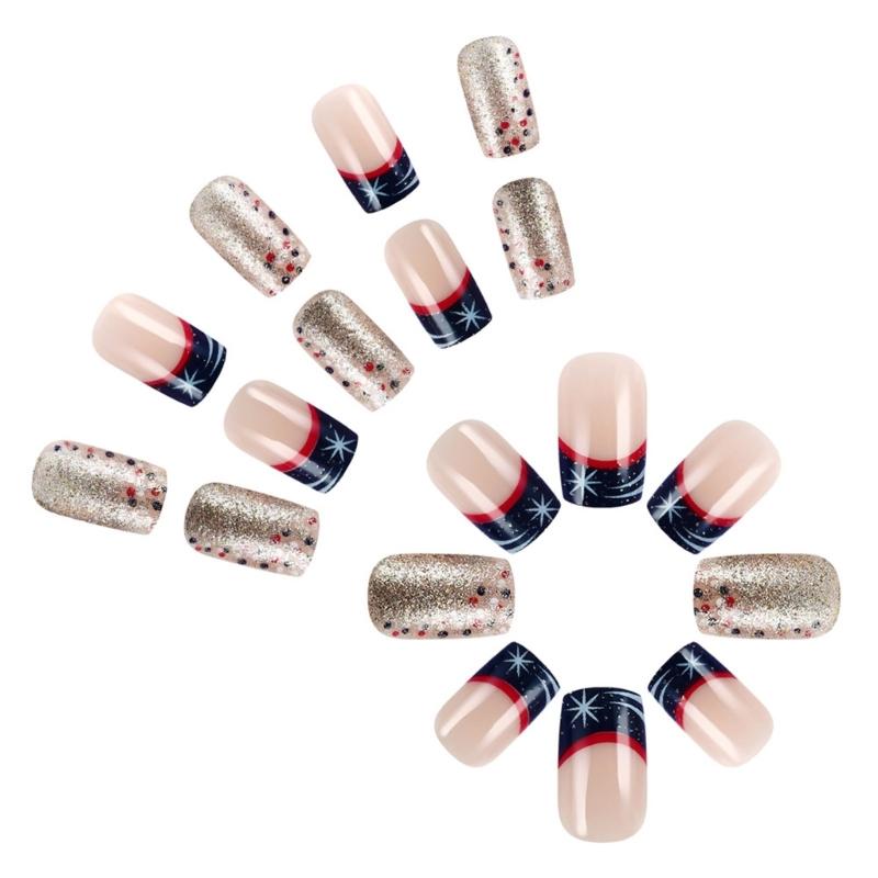 Independence Day Press on Nail Square Star False Nail 4th of July Designs Stick on Nail French Tip Nail Accesories