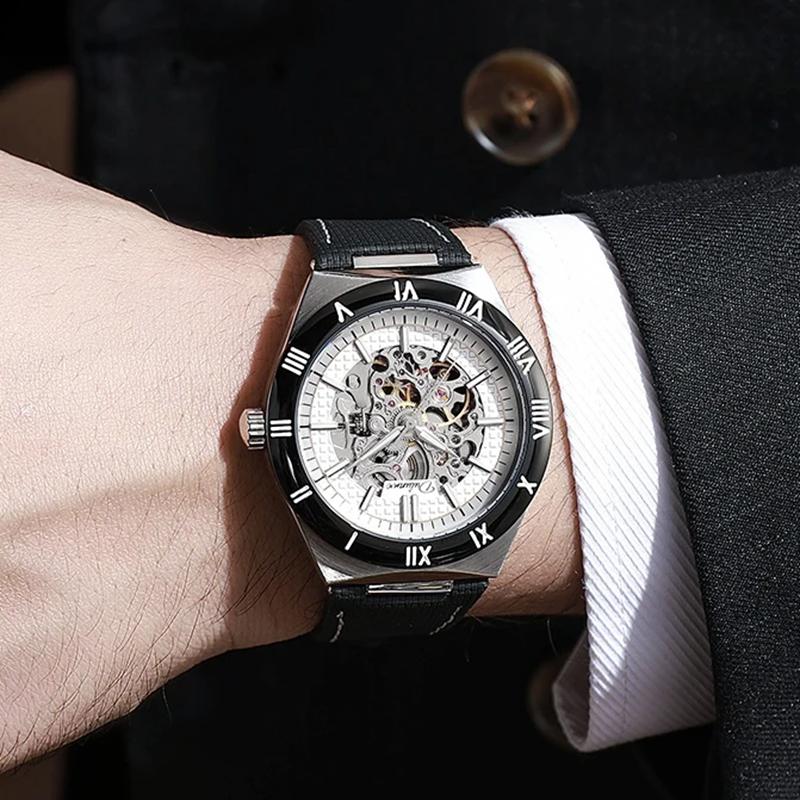 Dulunwe Skeleton Mechanical Watches Blue Roman Dial Watch for Men Automatic Watches Luxury Sports Waterproof Clock