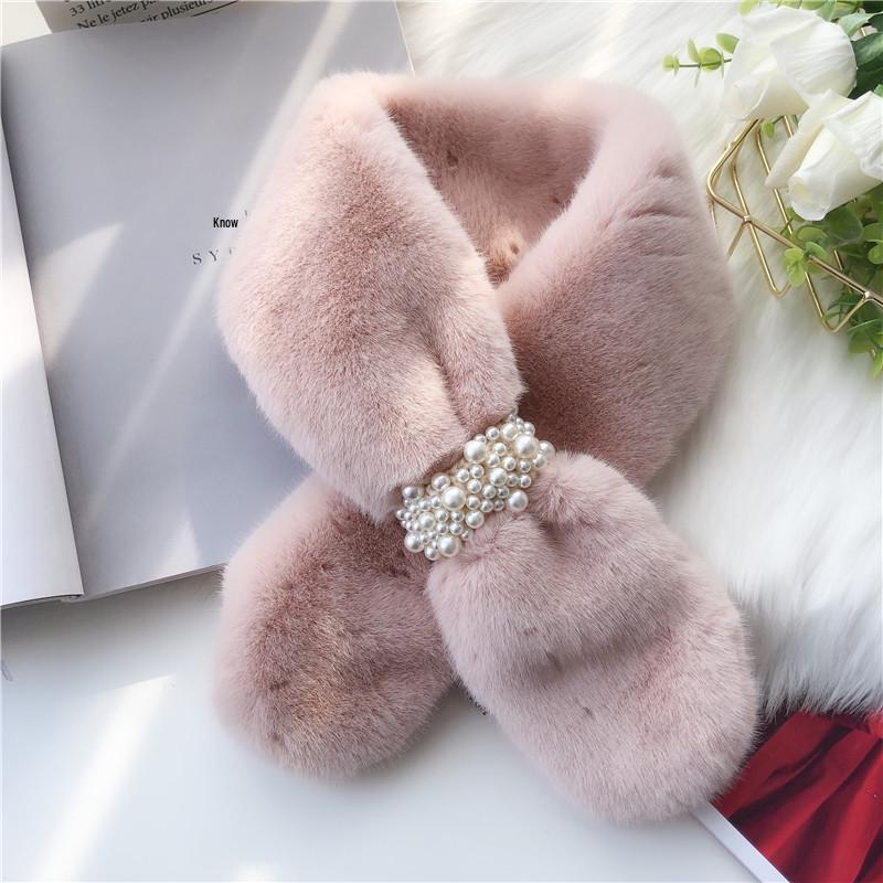 Korean Style Thickened Warm Plush Pearl Scarf - Autumn & Winter Cross Neck Warmer for Girls