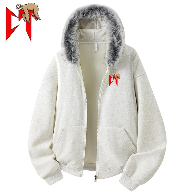 Warm Hooded Cardigan Sweatirt Men Winter Coat Cotton Youth Fur Collar Sportswear