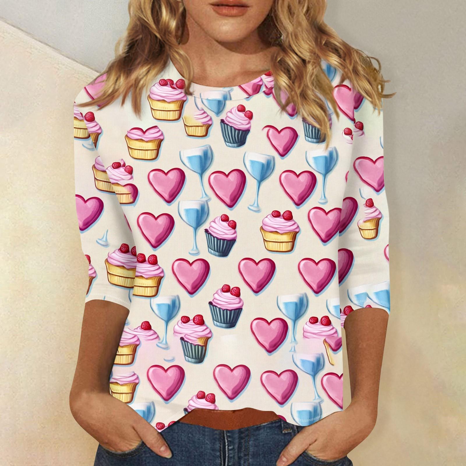 

Женская повседневная свободная футболка с круглым вырезом и принтом ко Дню святого Валентина с рукавами три четверти M