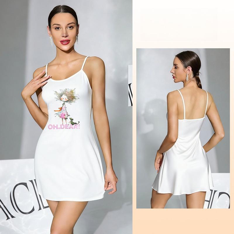 Multi-Pattern Short Cami Nightgown Unique Print Black/White Women's Loungewear 929 Trendy Versatile Sleepwear with Bold Print Choices