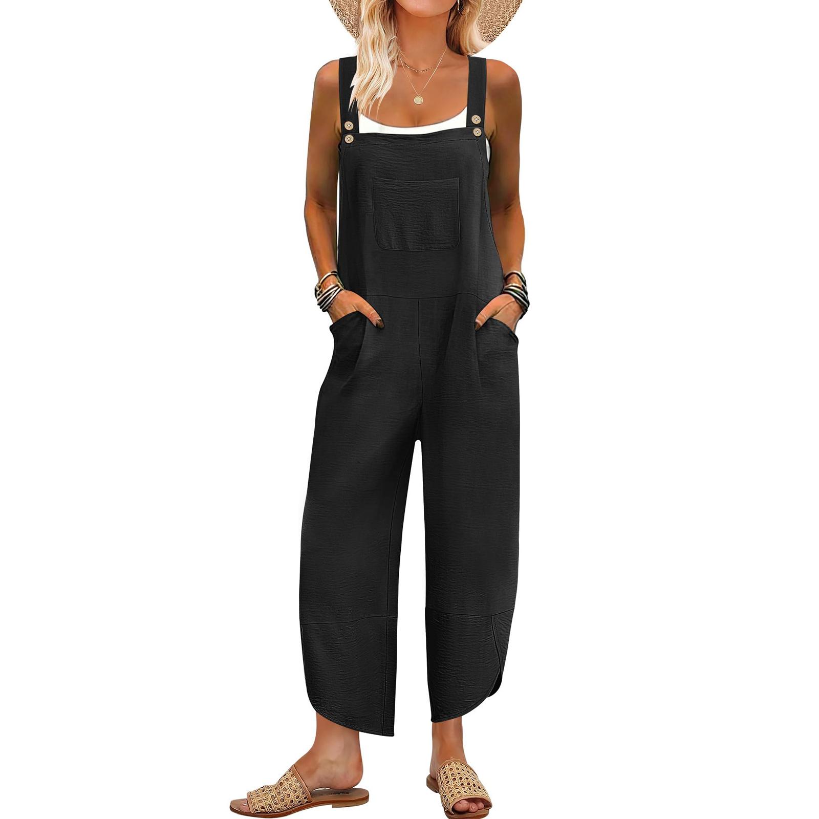 

Women s Fashionable And Casual Sleeveless Thin Pocket Jumpsuit S чорний