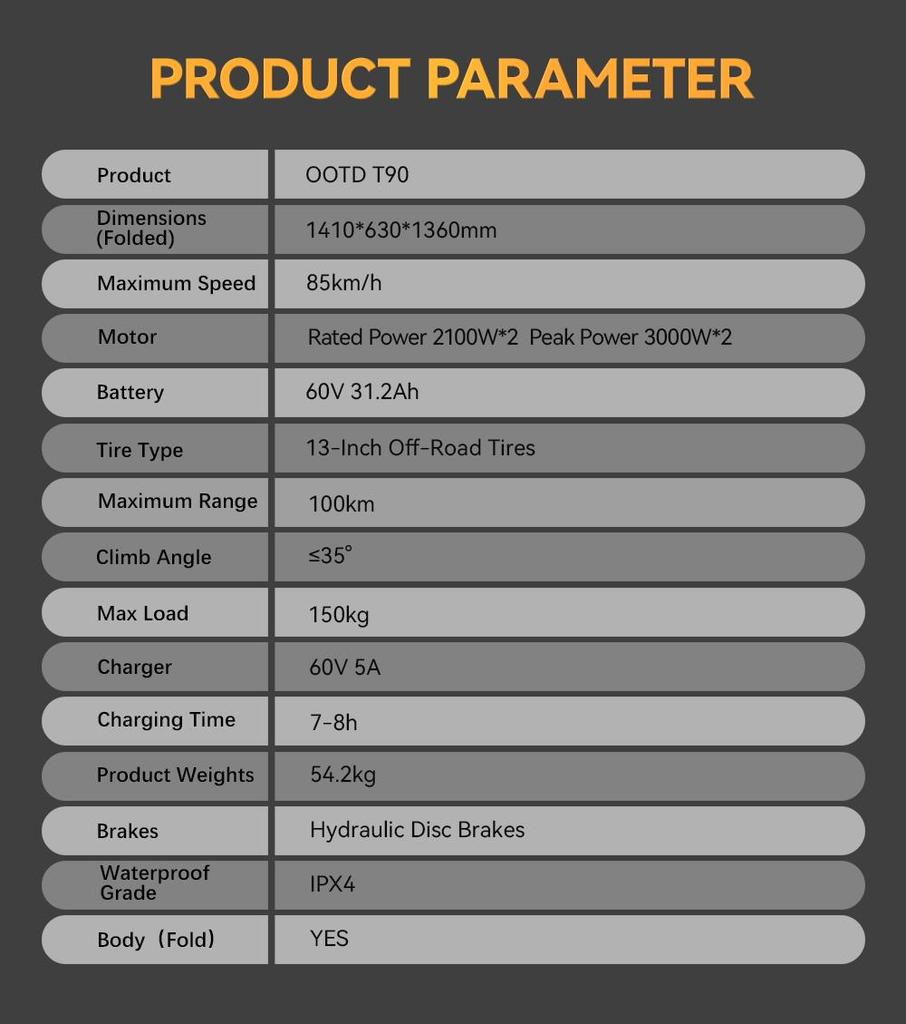 OOTD T90 4200W Off-road Scooter, 85 Km/h, 31.2 Ah Battery, 100 Km Range, Hydraulic Brakes, Suitable for Adults