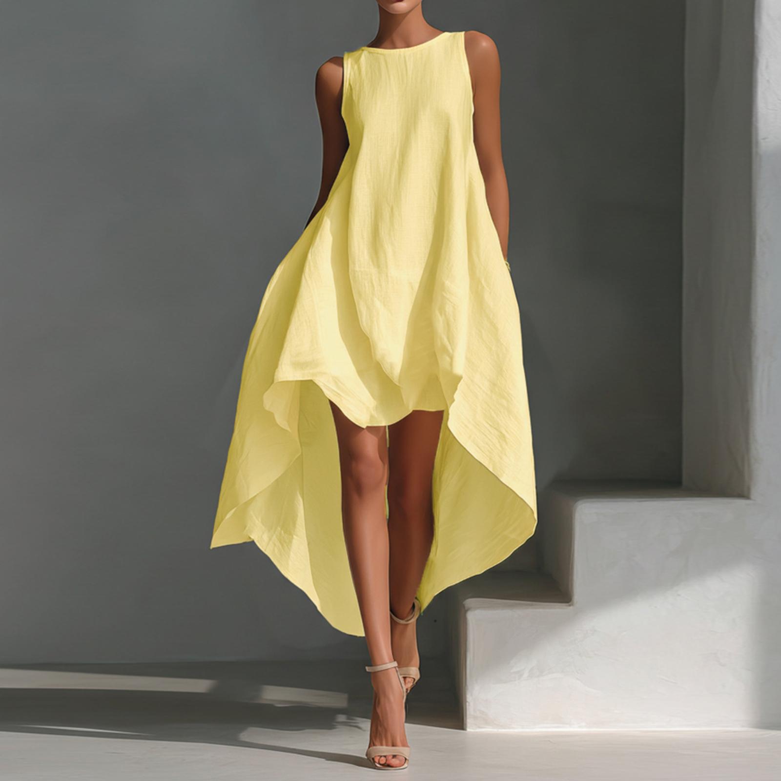 

Women s Color Cotton Linen Irregular Sleeveless Dress With Short Front And Long Back XL жовтий