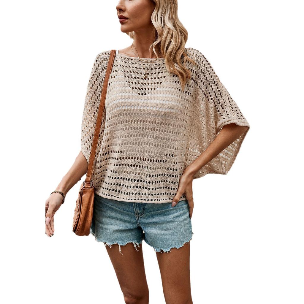 Summer Women's T-shirt Knitwear Bat Sleeve Loose Round Neck Hollow Short Sleeve Sweater
