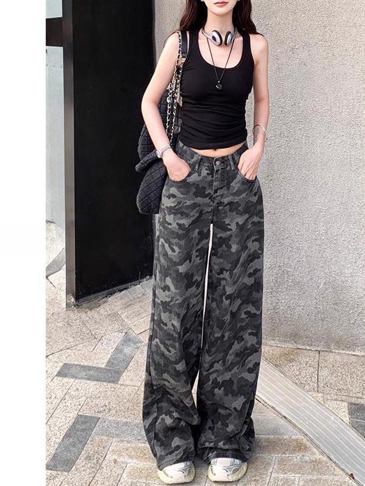 

Женские ретро широкие камуфляжные хлопковые брюки - Коллекция Весна/Лето 2025, Большие размеры, Свободный крой S