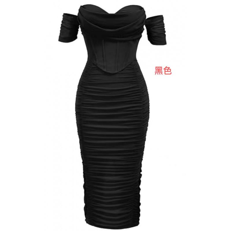 Spot new off-shoulder corset pleated medium and long dress