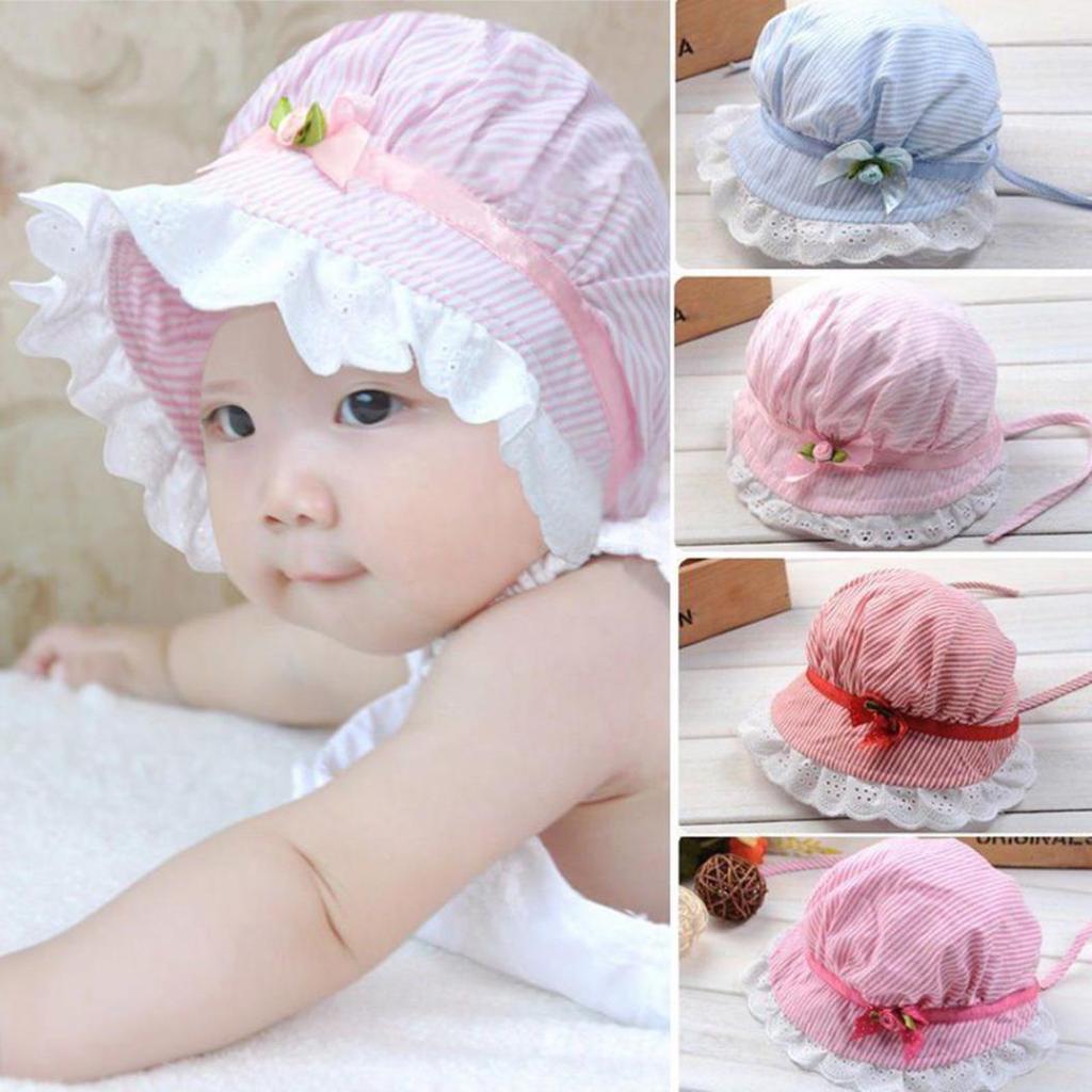 Kids Newborn Girls Baby Lace Bow Flower Princess Floral Bonnet Hat Cap x 1