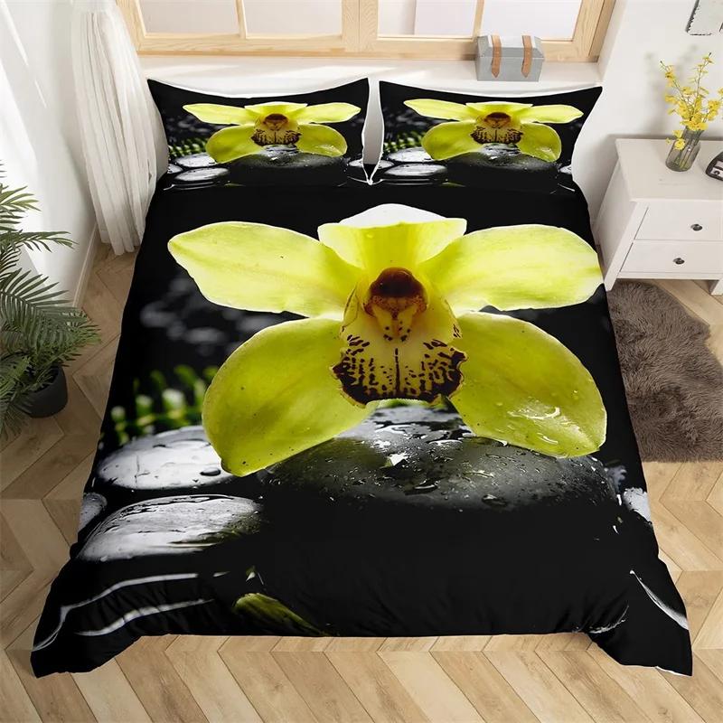 Zen Stones King Duvet Cover Sandy Beach Bedding Set Microfiber Purple Phalaenopsis Comforter Cover Meditation Bedspread Cover