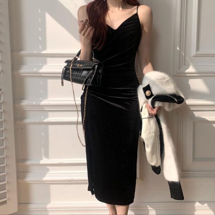 Women's Mid-Length Black Gold Velvet Slit Camisole Dress - New Spring Style