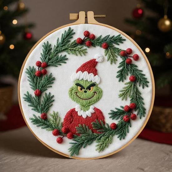 1 Set Christmas Embroidery Kit Adults Beginners Green Hair Elf Wreath Pre-Stamped Cross Stitch Craft Embroidery Starter Kit DIY Enthusiasts Gift