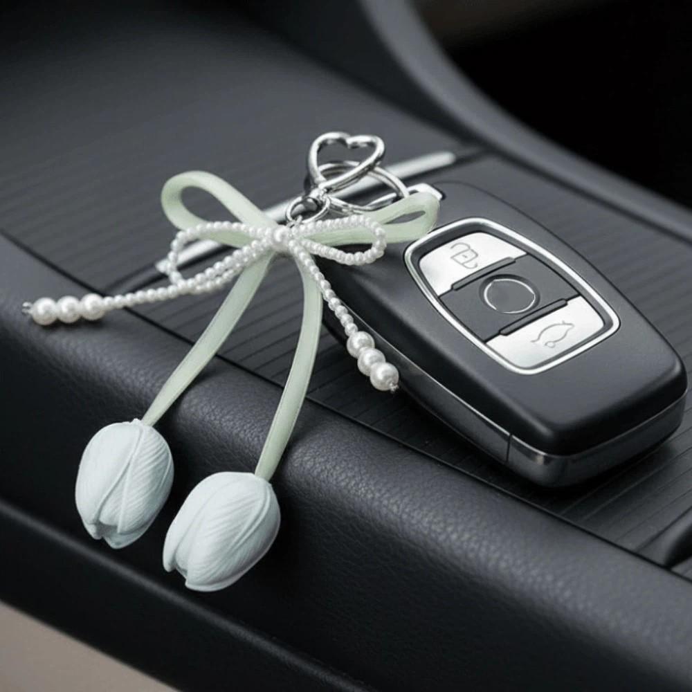 Handmade Tulip Pendant Car Keyring Heart Bag Charm Trendy Pearl Tulip Keychain  Men