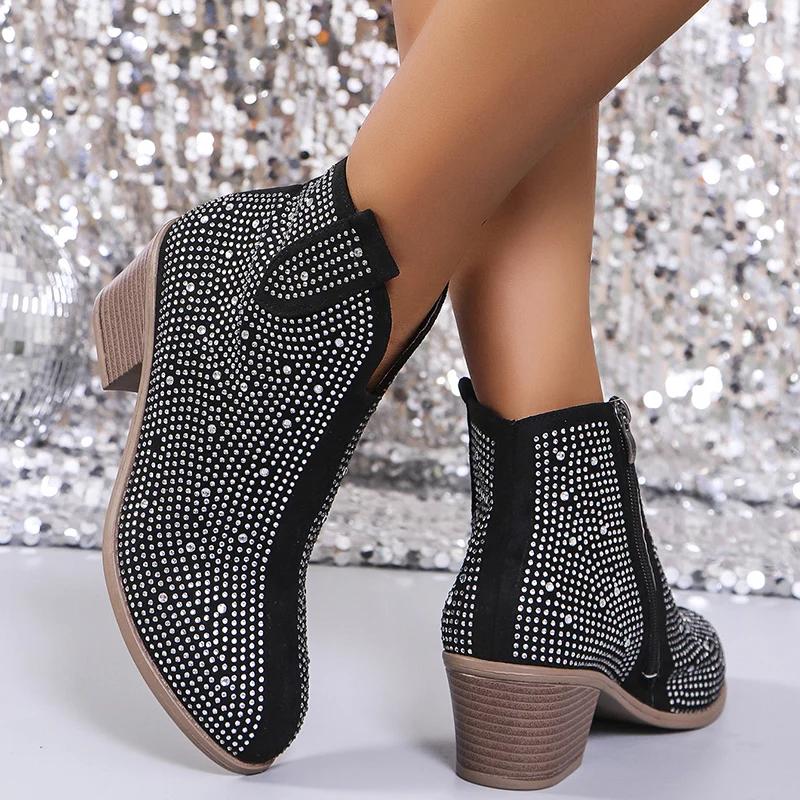 Mode Glänsande Kristall Tjocka Klackar Ankelboots för Kvinnor 2024 Ny Mode Höga Klackar Klänningsskor Kvinna Dragkedja Lyxiga Booties Stor Storlek