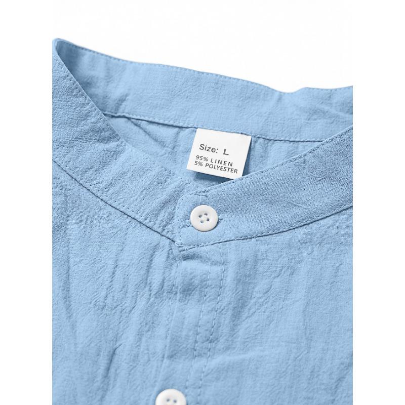 Men S Hawaiian Style Cotton Linen Blend Stand Collar Long Sleeve Casual Shirt