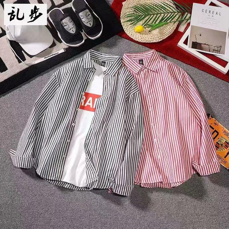 

Летняя рубашка в вертикальную полоску, мужская тонкая рубашка с длинным рукавом в стиле BF, повседневная свободная рубашка в японском стиле, большие размеры, бизнес