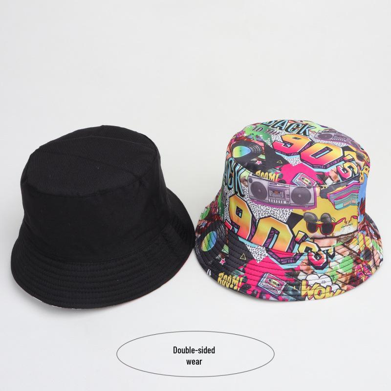 Retro Cartoon Double-Sided Bucket Hat, 80s/90s Style, Versatile Sun Protection for Outdoor Wear