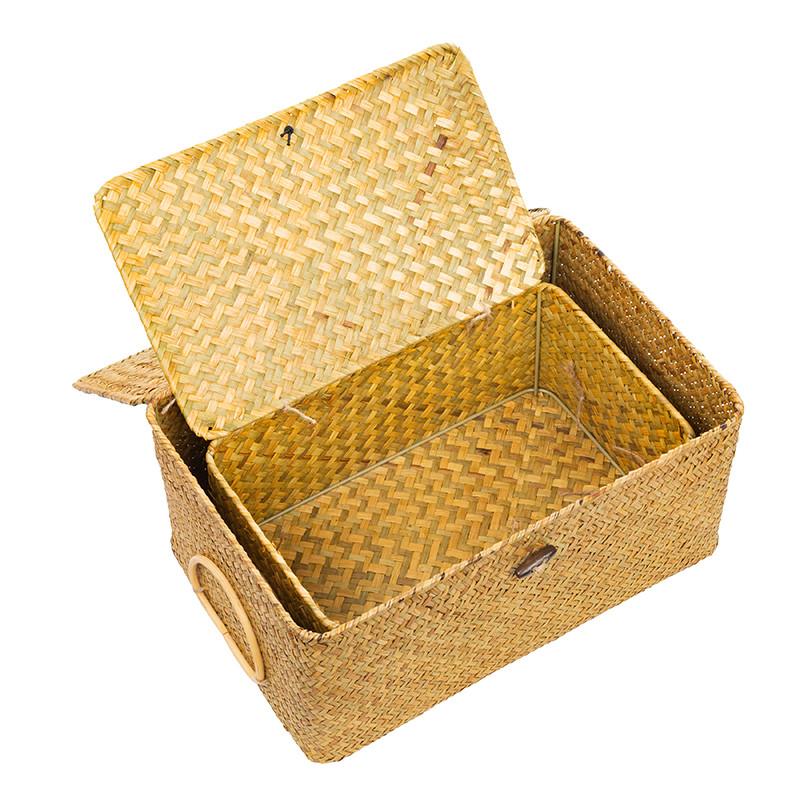 Hand Weaving Seaweed Shelf Baskets with Lid Rectangular Bin Woven Storage Box with Handle Home Organizer Bedroom