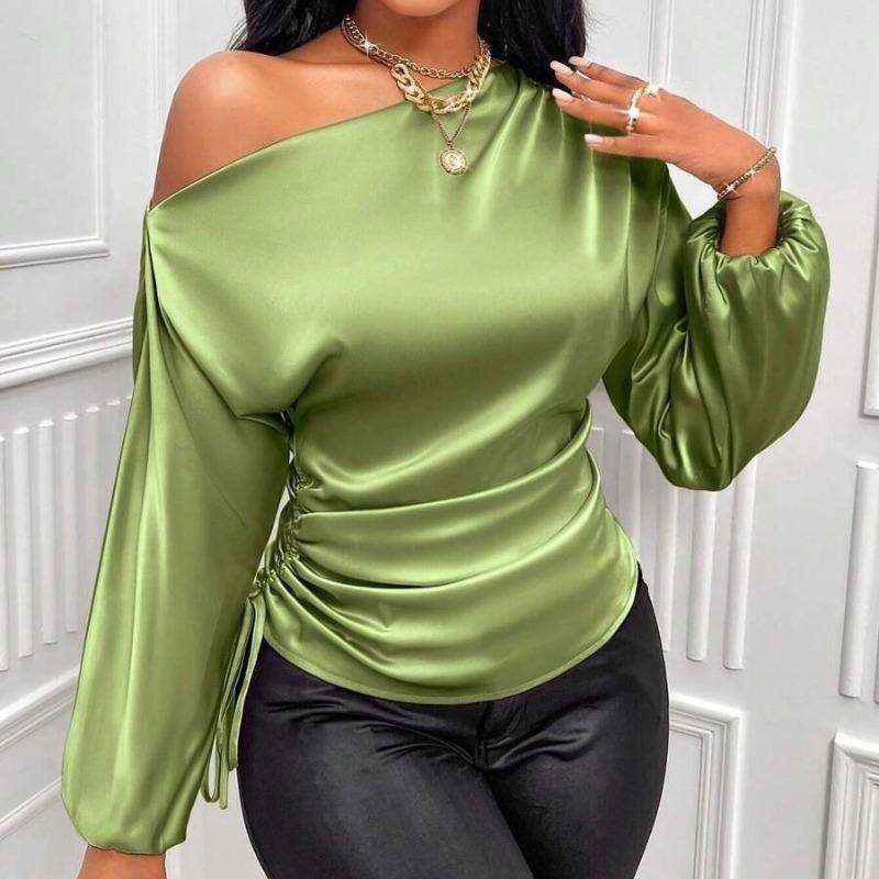 Fashion Elegant Skew Collar Loose Women's Shirts Spring and Summer Long Sleeve Lady Casual Blouses Tops Simple Asymmetric Shirt Female Clothing 26400