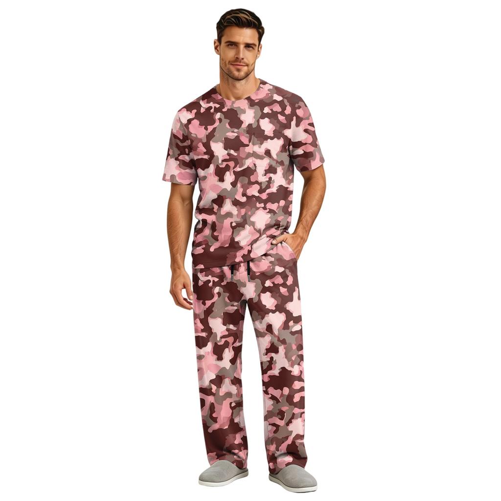 Herren Kurzarm-Schlafanzug-Set mit langer Hose, Schrittknopf und elastischem Kordelzugbund für zu Hause
