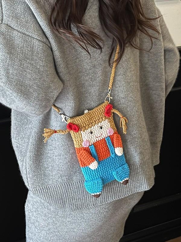 Diy Knit Bag Mini Shoulder Purse With Phone Pocket For Daily Use