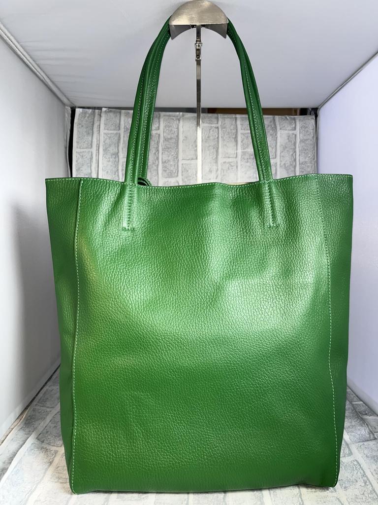 Rebecca Genuine Cowhide Leather Shrink Tote Bag with Pouch, Vertical Style, Unisex, JT-240322 (Green)