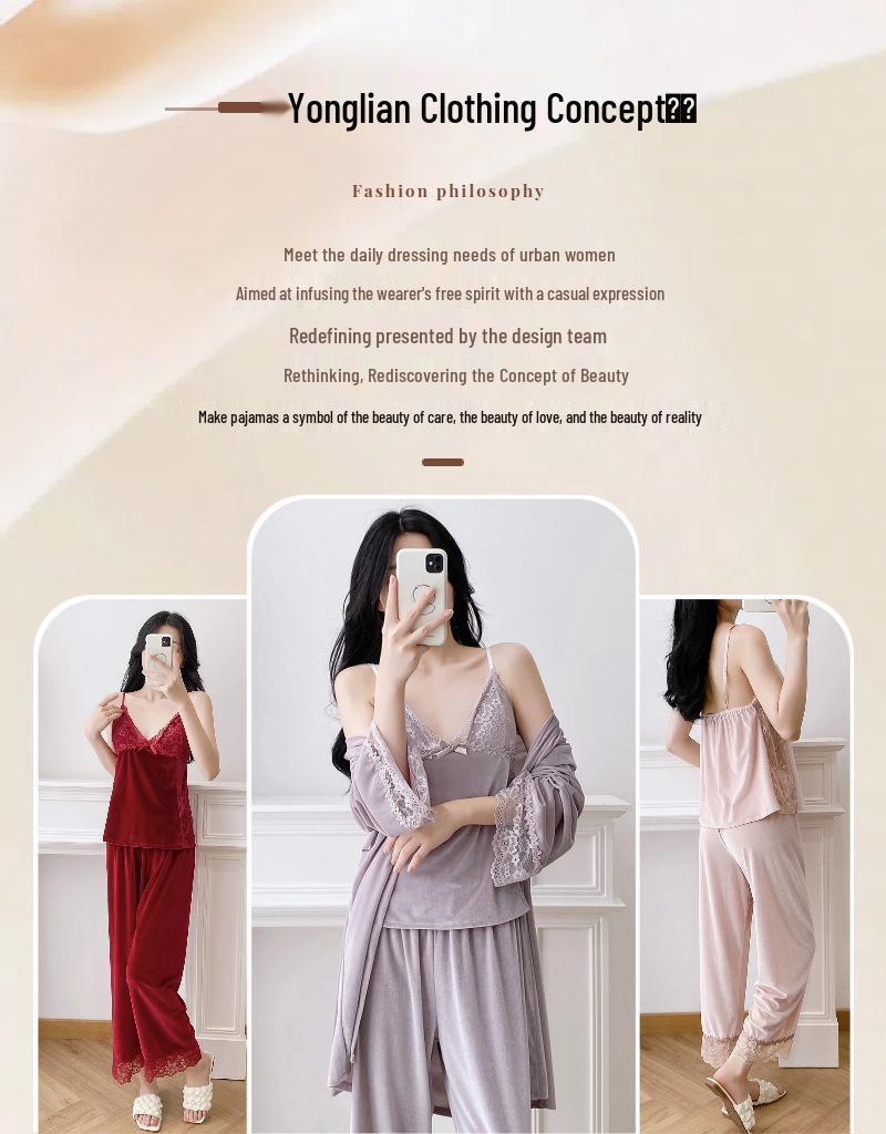 Damski trzyczęściowy zestaw piżamowy z aksamitnej koronki – koszulka na ramiączkach, długie spodnie i szlafrok.