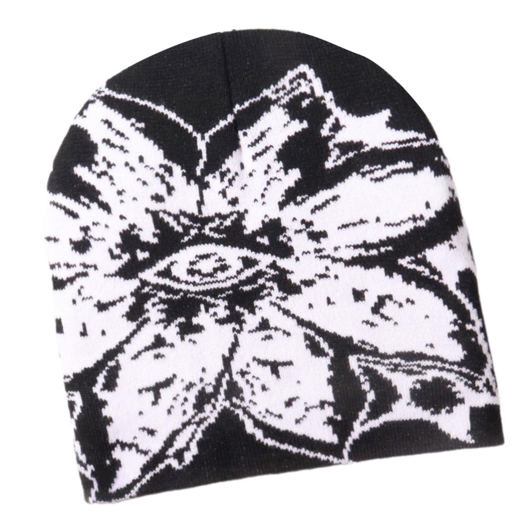 Unisex Jacquard Eye Flower Pattern Knitted Beanies Hat Fashionable Winter Warm Hiphop Bonnet Skull Hat for Men and Women