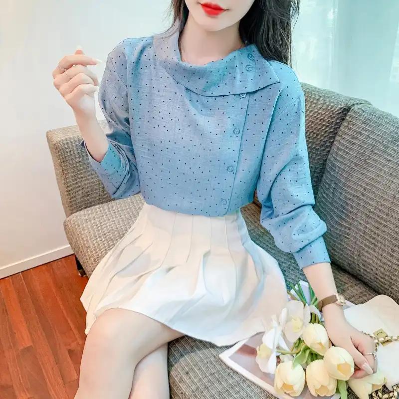 Women s Polka Dot Blouse Asymmetric Collar Long-Sleeve Office Top S