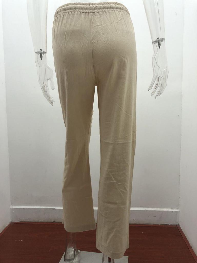 2026 Spring/Summer Women's Solid Color Cotton Linen Drawstring Wide-Leg Casual Pants