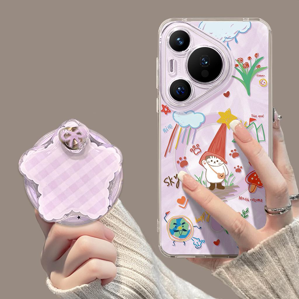 Mobile phone case with bracket is suitable for Huawei pura90promax graffiti cat 80ultra magnetic suction 70 + summer cover.