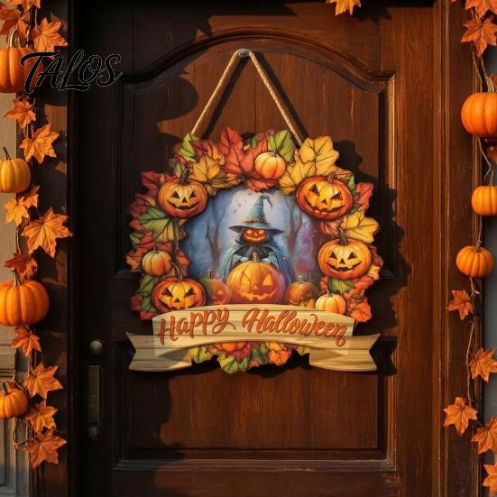 Easy Install Halloween Sign Wooden Hanging Decor Sign, Spooky Black Cat Pumpkin Witch Ghost Ornaments Window Decoration with Jute Rope, Festive