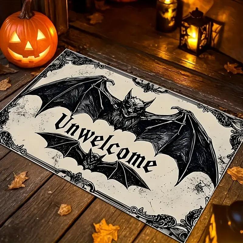 Halloween Bat Spider Web Unwelcome Gothic Mat Vintage Horror Decorative Non-Slip Carpet Rug Haunted House Floor Mat Door Mat