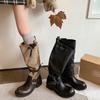 Soft leather version retro old polished pleated boots women's belt buckle color matching locomotive boots thick heel tall knight boots