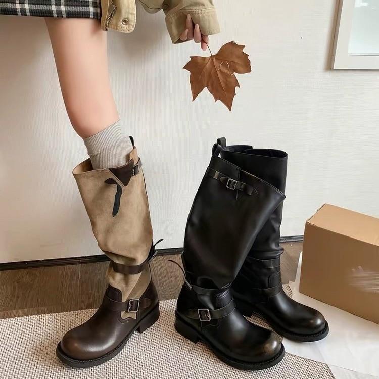 Soft leather version retro old polished pleated boots women's belt buckle color matching locomotive boots thick heel tall knight boots