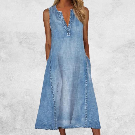 Bez rukávov V elegantná krása Dámske šaty Šaty odolné proti zrážaniu Vrecká Šaty Veľký lem Dámske Denim s midi výstrihom