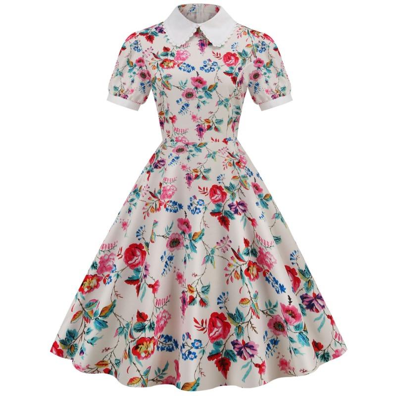 

Женская одежда Новый продукт бандл кукольный воротник внахлест короткий рукав принт ретро миди платье XXXL розовый