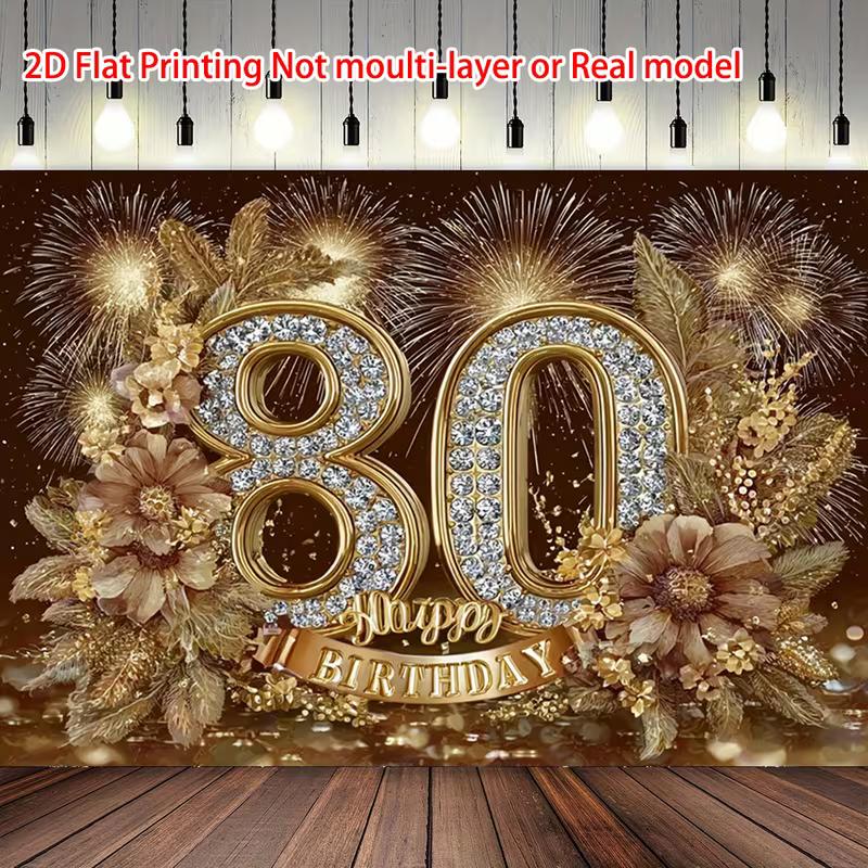 2D Happy 80th Birthday Gold Floral Fireworks Background Cloth 80th Birthday Party Decoration