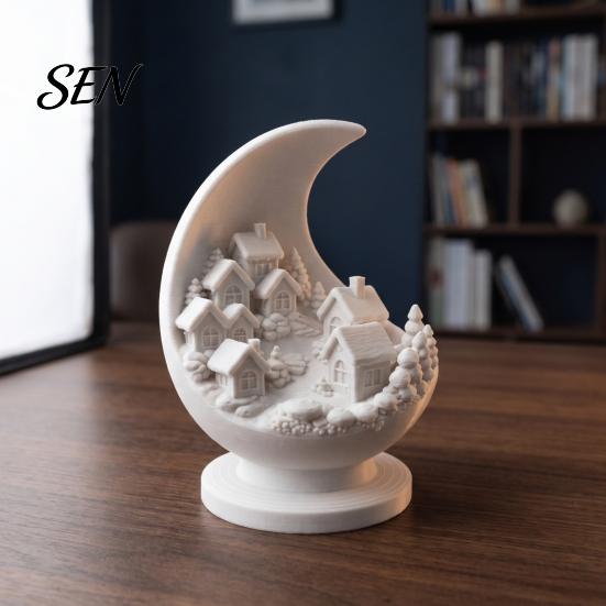 Crescent Snow Village Statue 3D Printed Moon and Snowy Figurine, Mini House Winter Theme Interior Decor with Stable Base, Decorative Sculpture