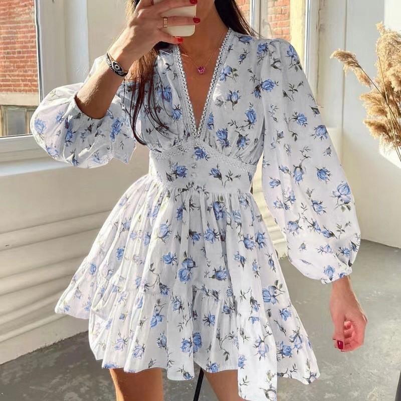 Spring Elegant Floral V Neck Lace Short Dress For Women With Puff Sleeves