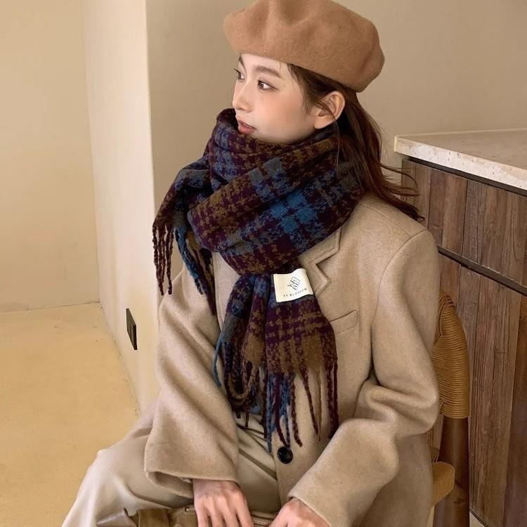 Plaid Scarf Women's Autumn and Winter New Dry Rose Pink Atmosphere Sense Advanced Sense Versatile Thickened Scarf